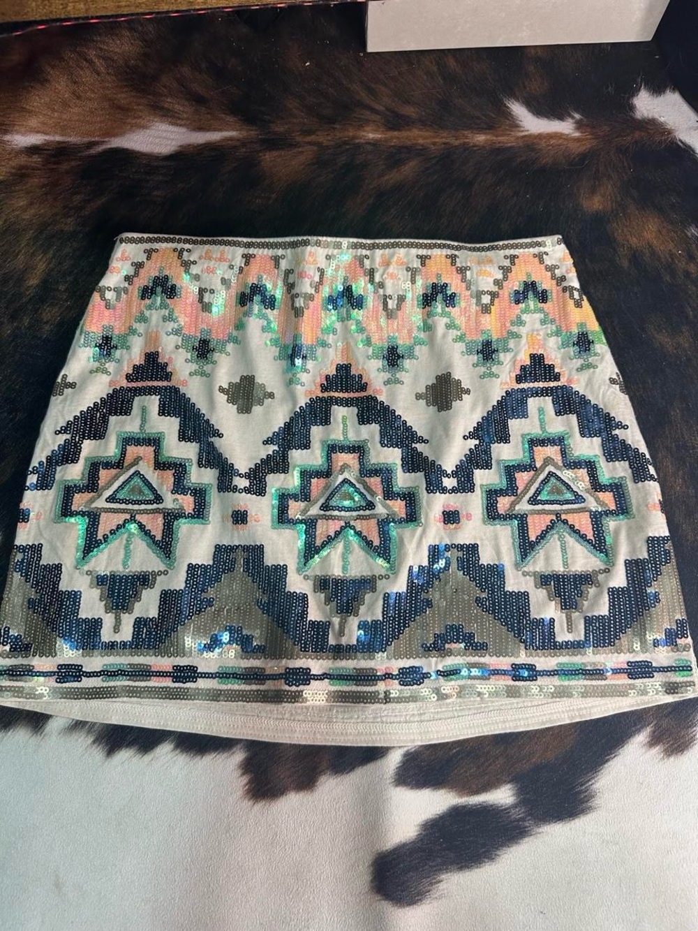 Express White Cream Skirt with Navy, Pink, Mint Sequin Geometric Design